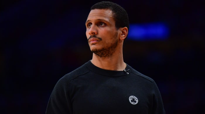 Boston Celtics head coach Joe Mazzulla watches game action on Christmas Day 2023